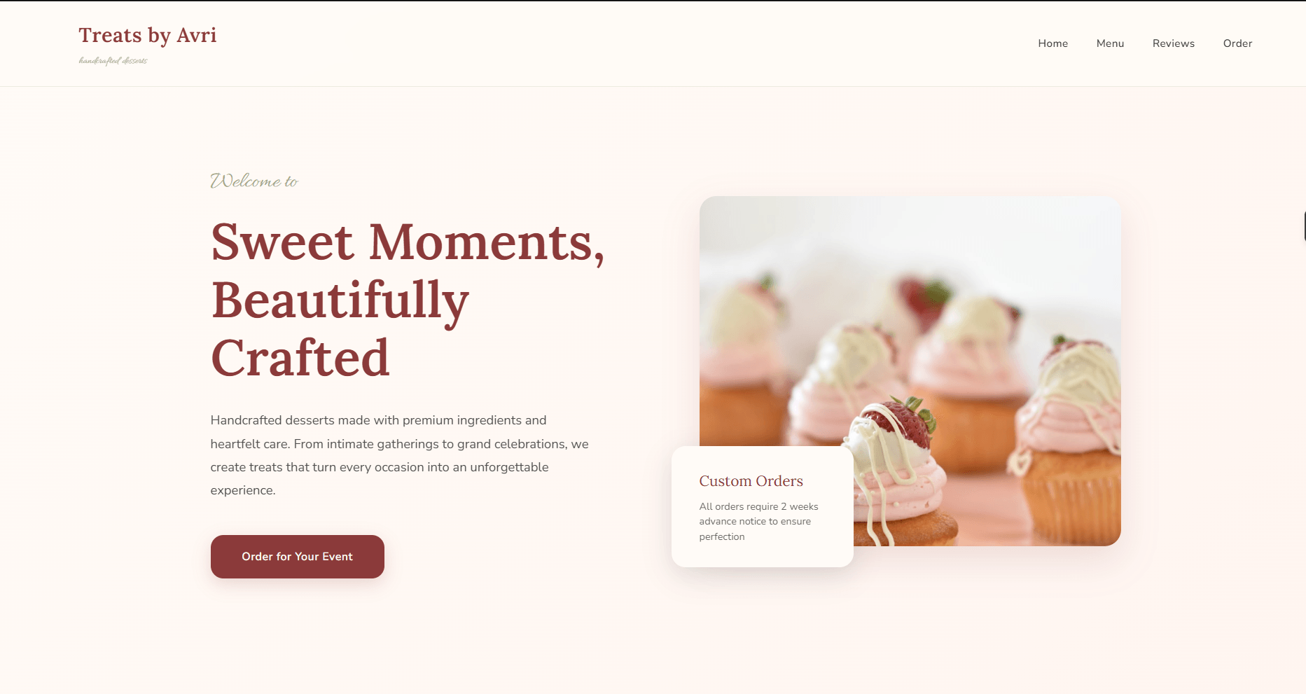Treats by Avri website screenshot showing homepage