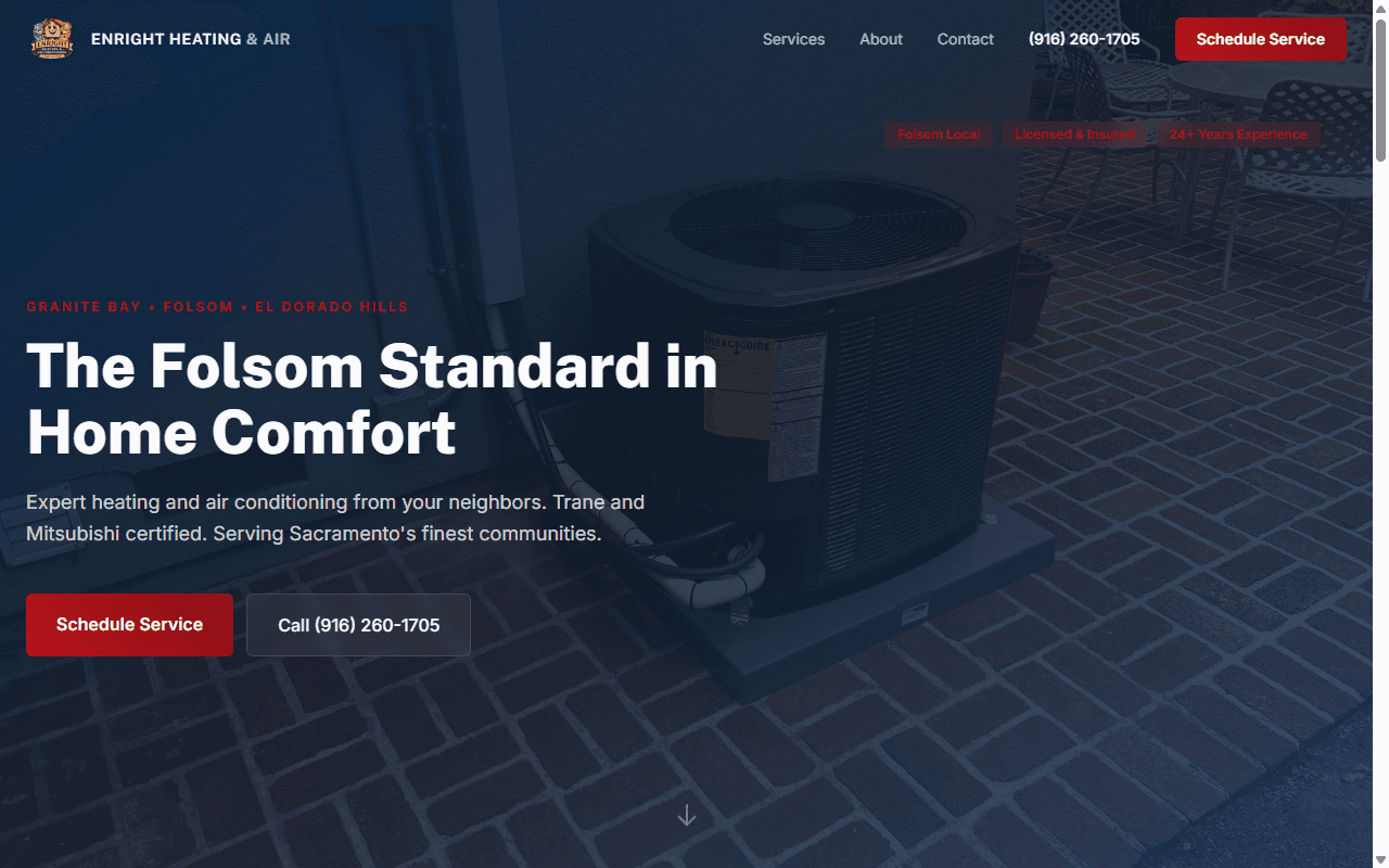Enright Heating & Air website screenshot — Folsom HVAC contractor